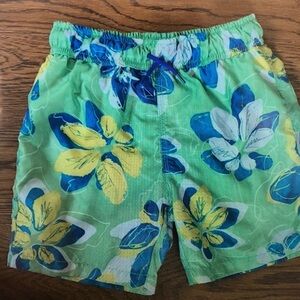 Kids Swim Trunks with Blue and Yellow Floral Design